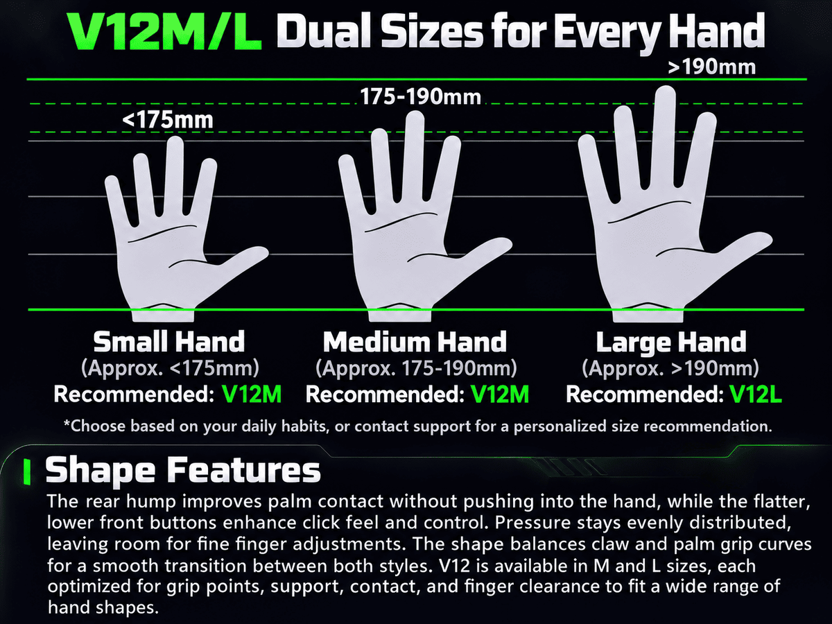 V12 M and L gaming mouse size guide